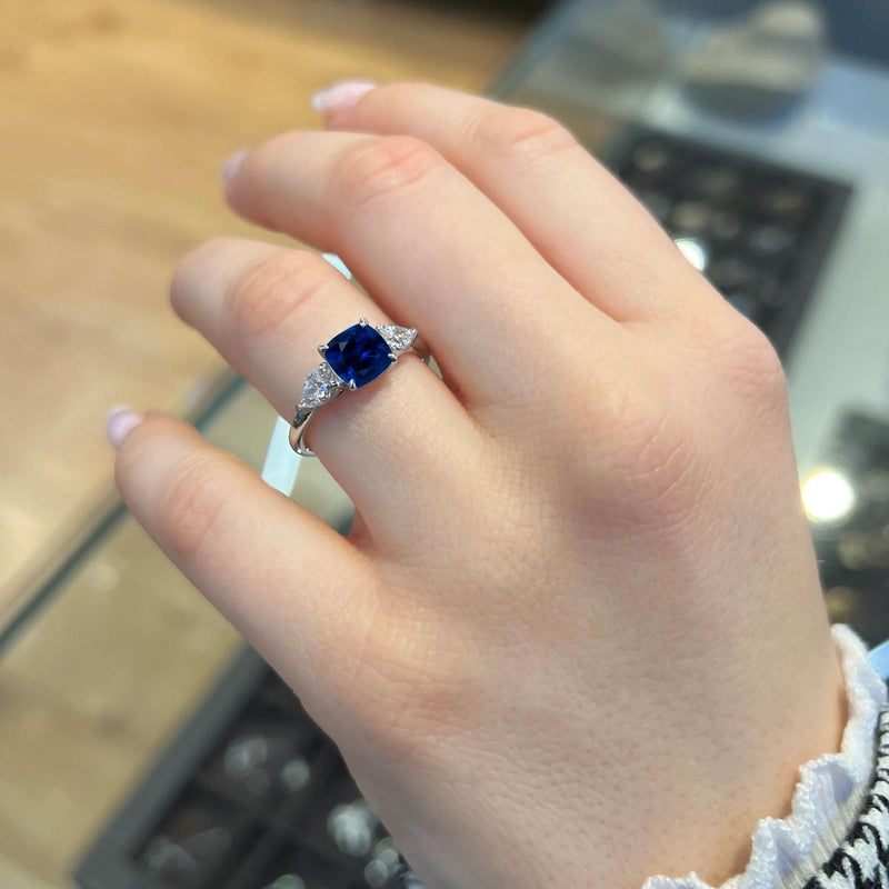 1.40 Carat Cushion Shape Three Stone Blue Sapphire Engagement Ring