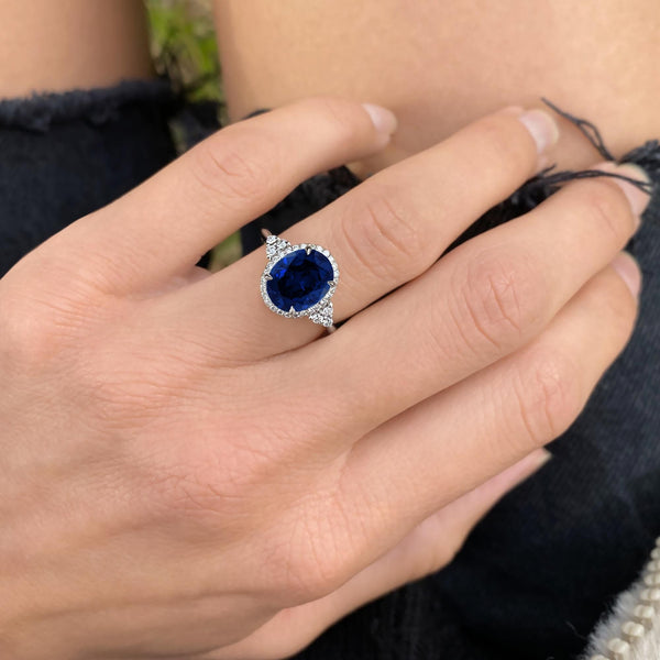 5.50 Carat Oval Shape Halo Blue Sapphire Engagement Ring