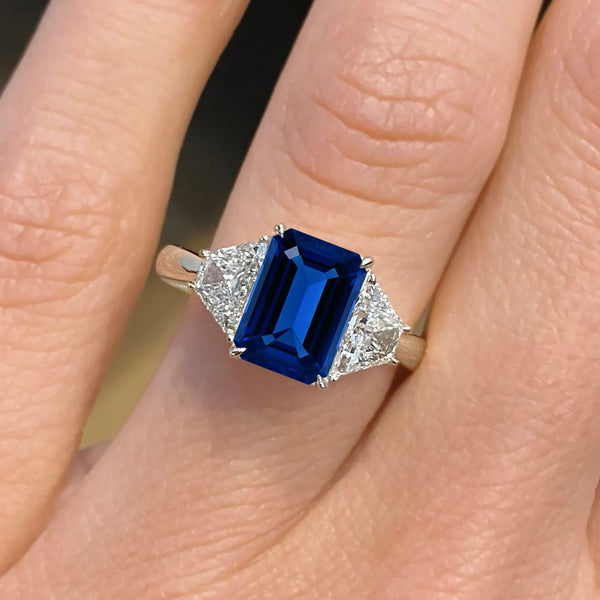 3 Carat Emerald Shape Three Stone Blue Sapphire Engagement Ring