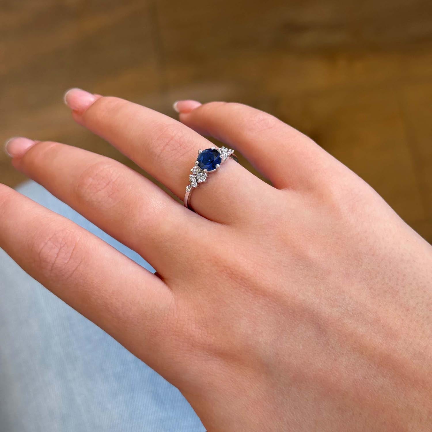 Round Cut Snowdrift Blue Sapphire Engagement Ring