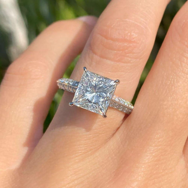 3.50ct Pave Setting Princess Cut Lab Grown Diamond Engagement Ring 14k White Gold Brilani