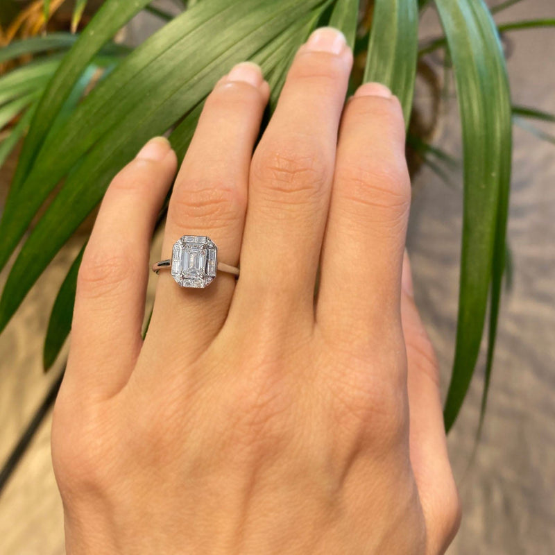 1.70 Carat Emerald Cut Unique Halo Lab Grown Diamond Engagement Ring