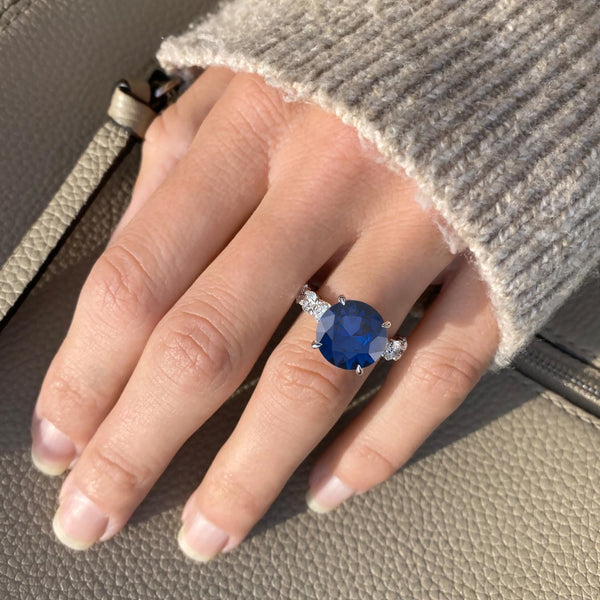 10 Carat Round Shape Floating Prong Blue Sapphire Engagement Ring
