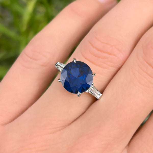 5.60 Carat Round Shape Three Stone Blue Sapphire Engagement Ring
