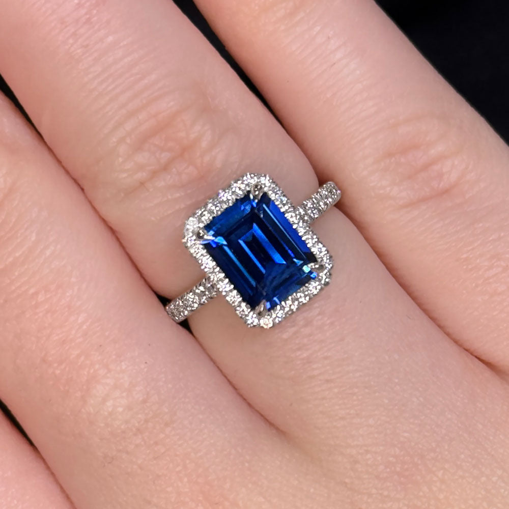 Emerald Cut Halo Blue Sapphire Engagement Ring