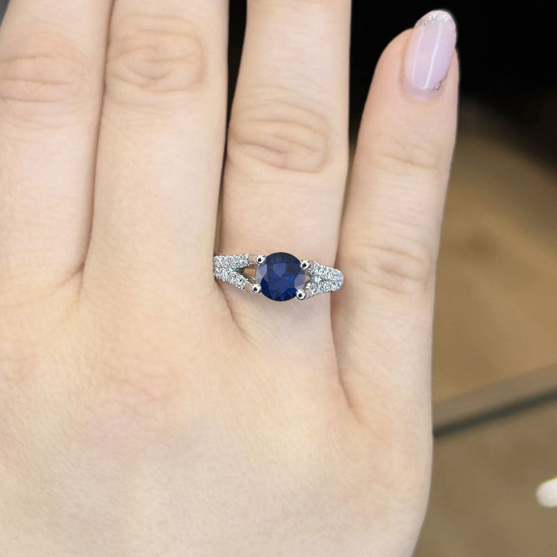 Round Cut Split Shank Blue Sapphire Engagement Ring
