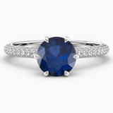 Round Cut Pave Setting Blue Sapphire Engagement Ring