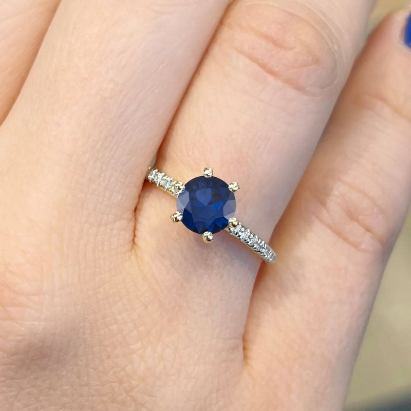 1.60 Carat Round Shape Pave Setting Blue Sapphire Engagement Ring