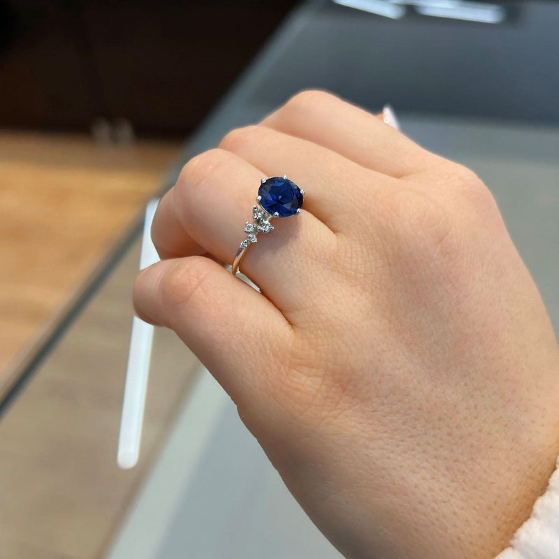 2.20 Carat Round Shape Snowdrift Blue Sapphire Engagement Ring