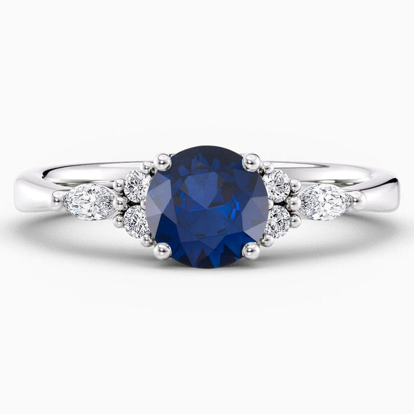 Round Cut Cluster Blue Sapphire Engagement Ring