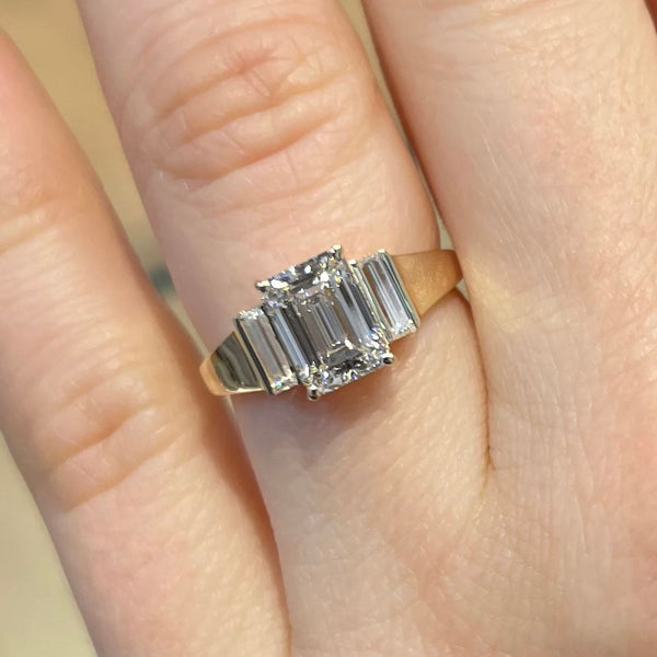 2.25 Carat Emerald Shape Three Stone Moissanite Engagement Ring