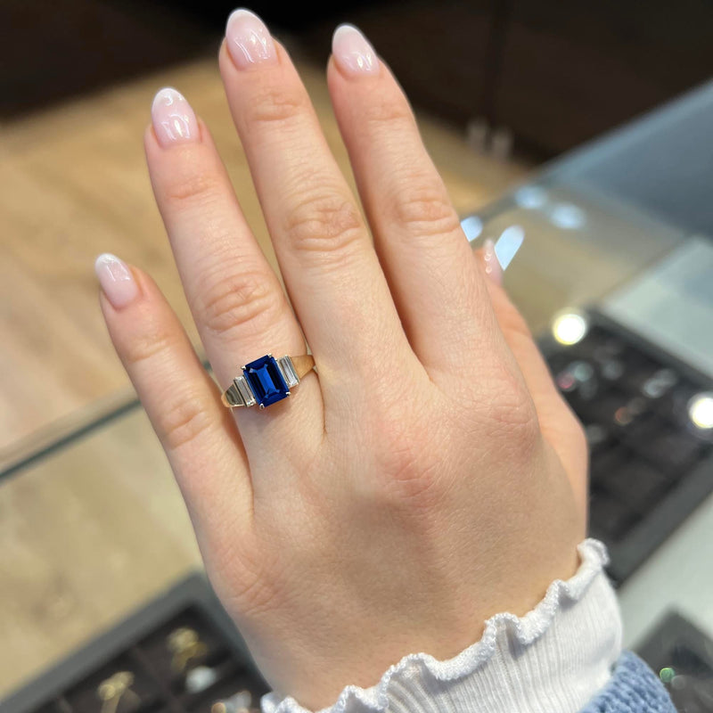 2.50 Carat Emerald Shape Three Stone Blue Sapphire Engagement Ring