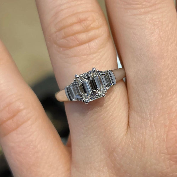 1.85 Carat Emerald Shape Three Stone Moissanite Engagement Ring