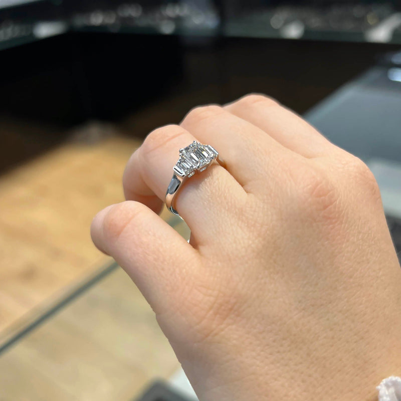 1.85 Carat Emerald Shape Three Stone Moissanite Engagement Ring
