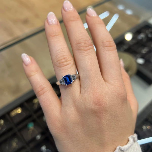 Emerald Cut Three Stone Blue Sapphire Engagement Ring