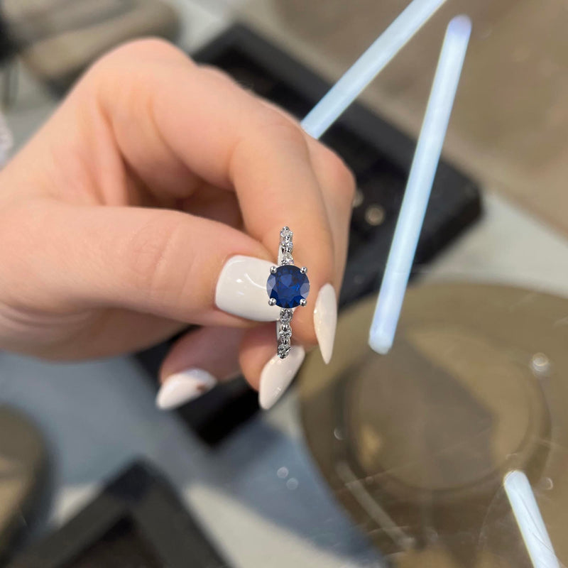 1.60 Carat Round Shape Shared Prong Blue Sapphire Engagement Ring