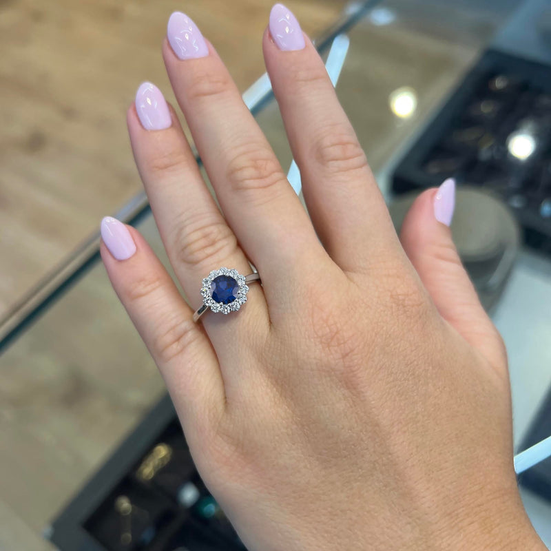 Round Cut Halo Blue Sapphire Engagement Ring
