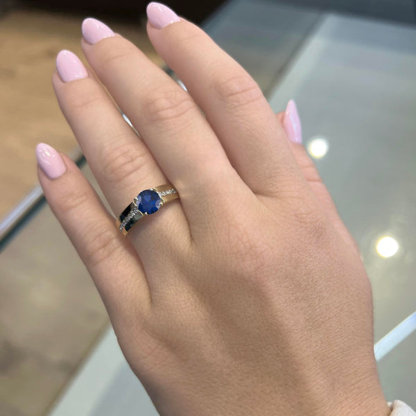 Round Cut Wide Band Blue Sapphire Engagement Ring