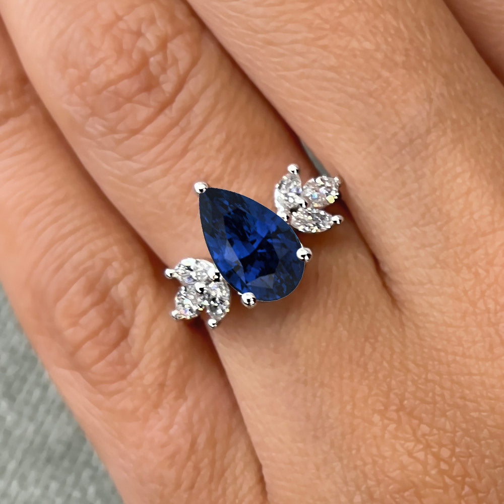 Pear Cut Cluster Blue Sapphire Engagement Ring