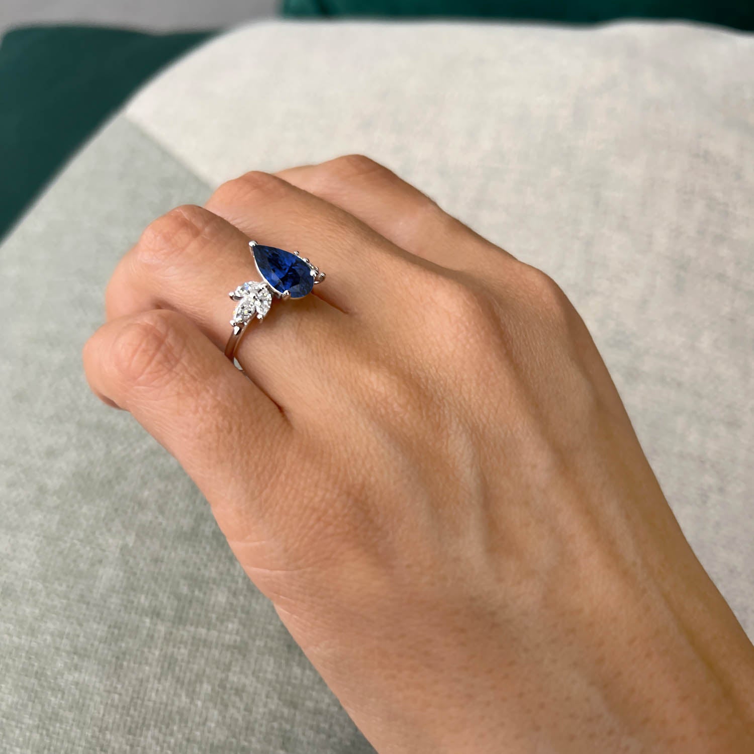 Pear Cut Cluster Blue Sapphire Engagement Ring