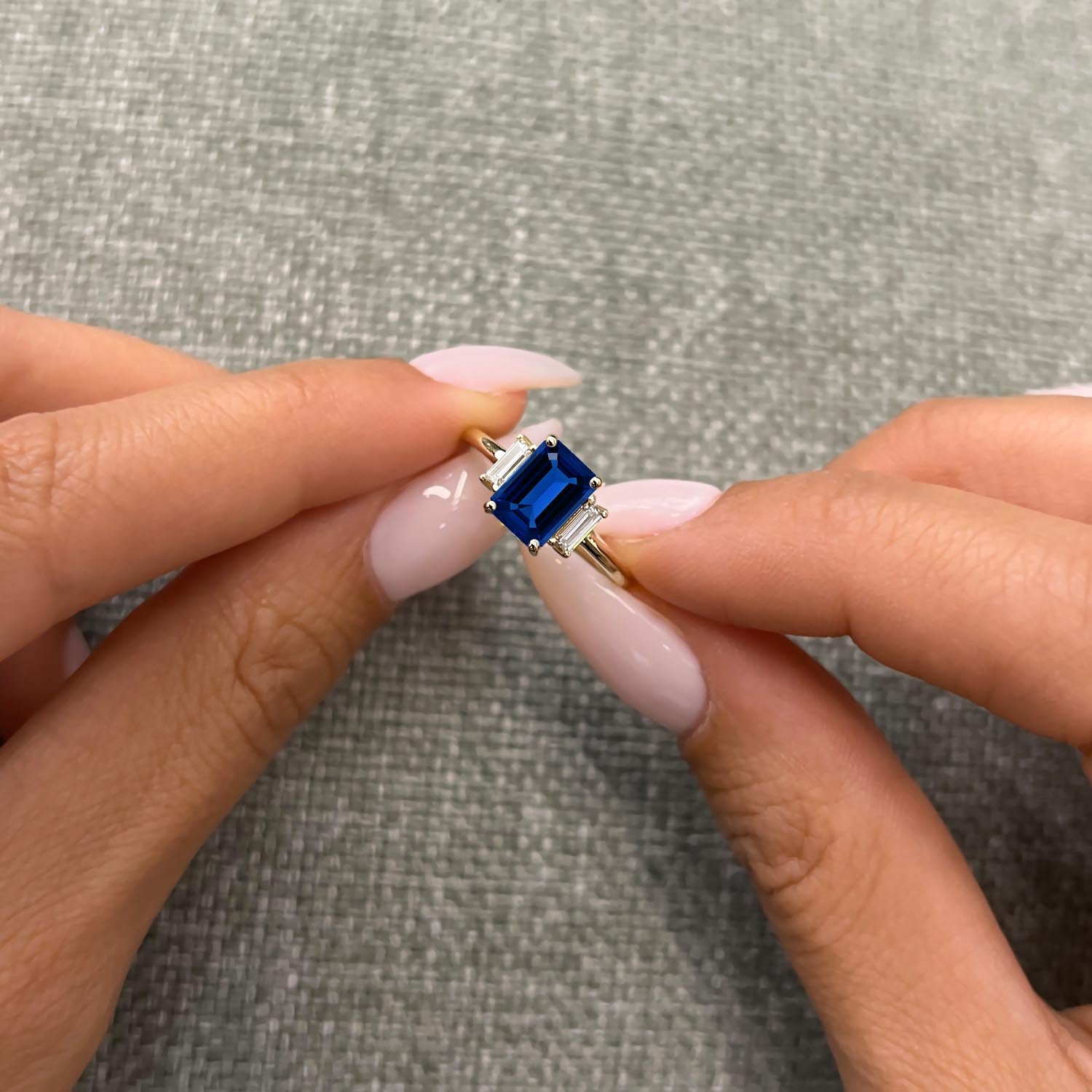 Emerald Cut Three Stone Blue Sapphire Engagement Ring