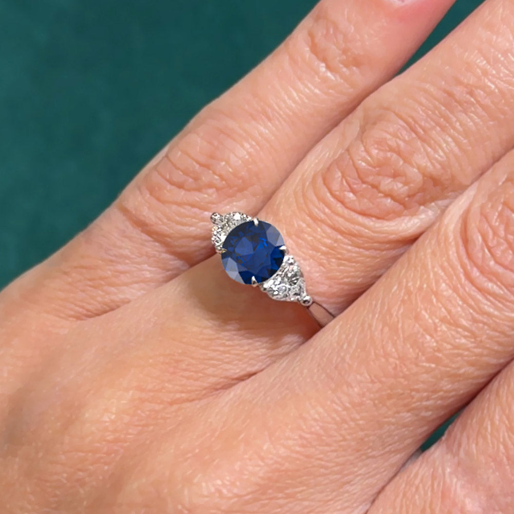 Round Cut Three Stone Blue Sapphire Engagement Ring