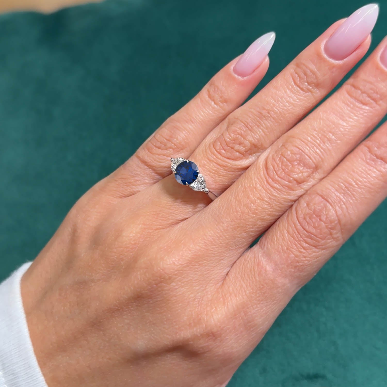 Round Cut Three Stone Blue Sapphire Engagement Ring