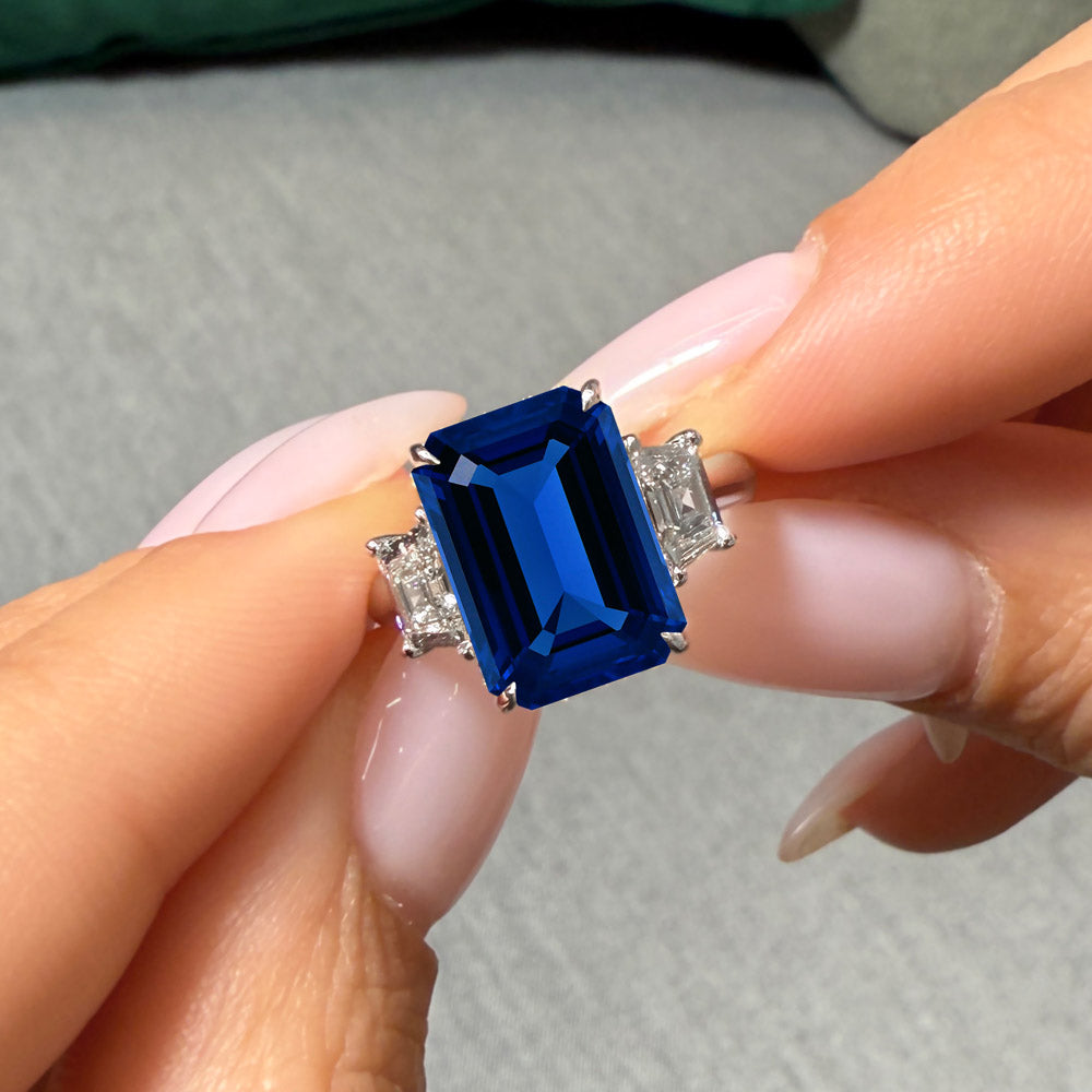 Emerald Cut Three Stone Blue Sapphire Engagement Ring