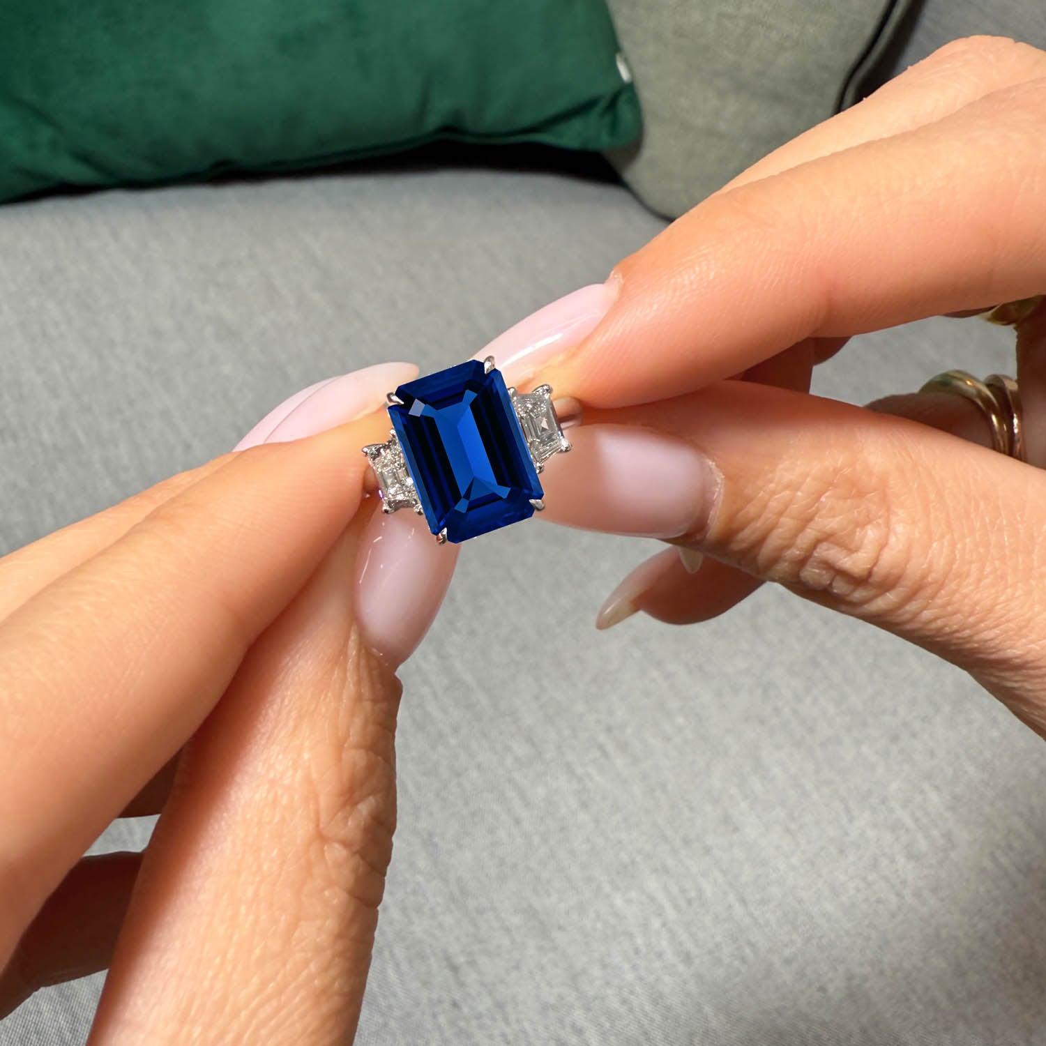 Emerald Cut Three Stone Blue Sapphire Engagement Ring