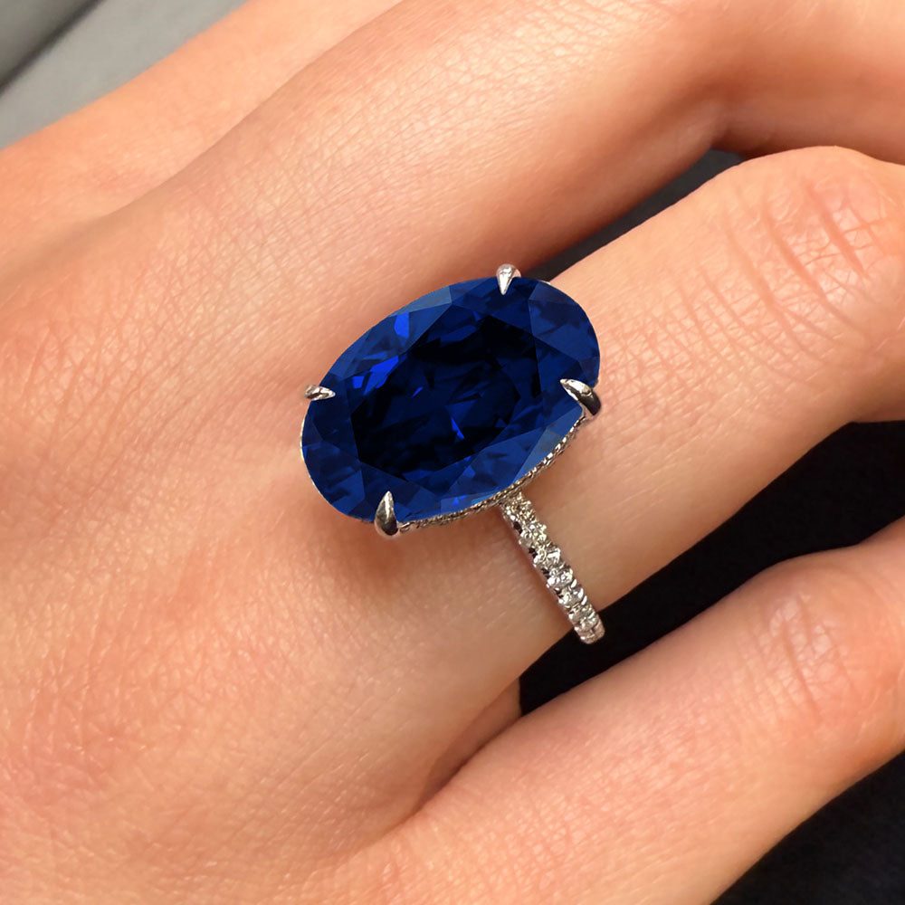 Oval Cut Hidden Halo Blue Sapphire Engagement Ring