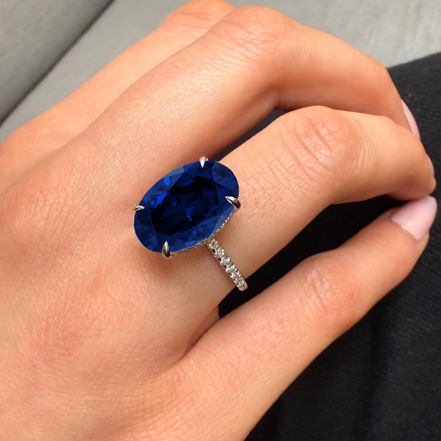 Oval Cut Hidden Halo Blue Sapphire Engagement Ring
