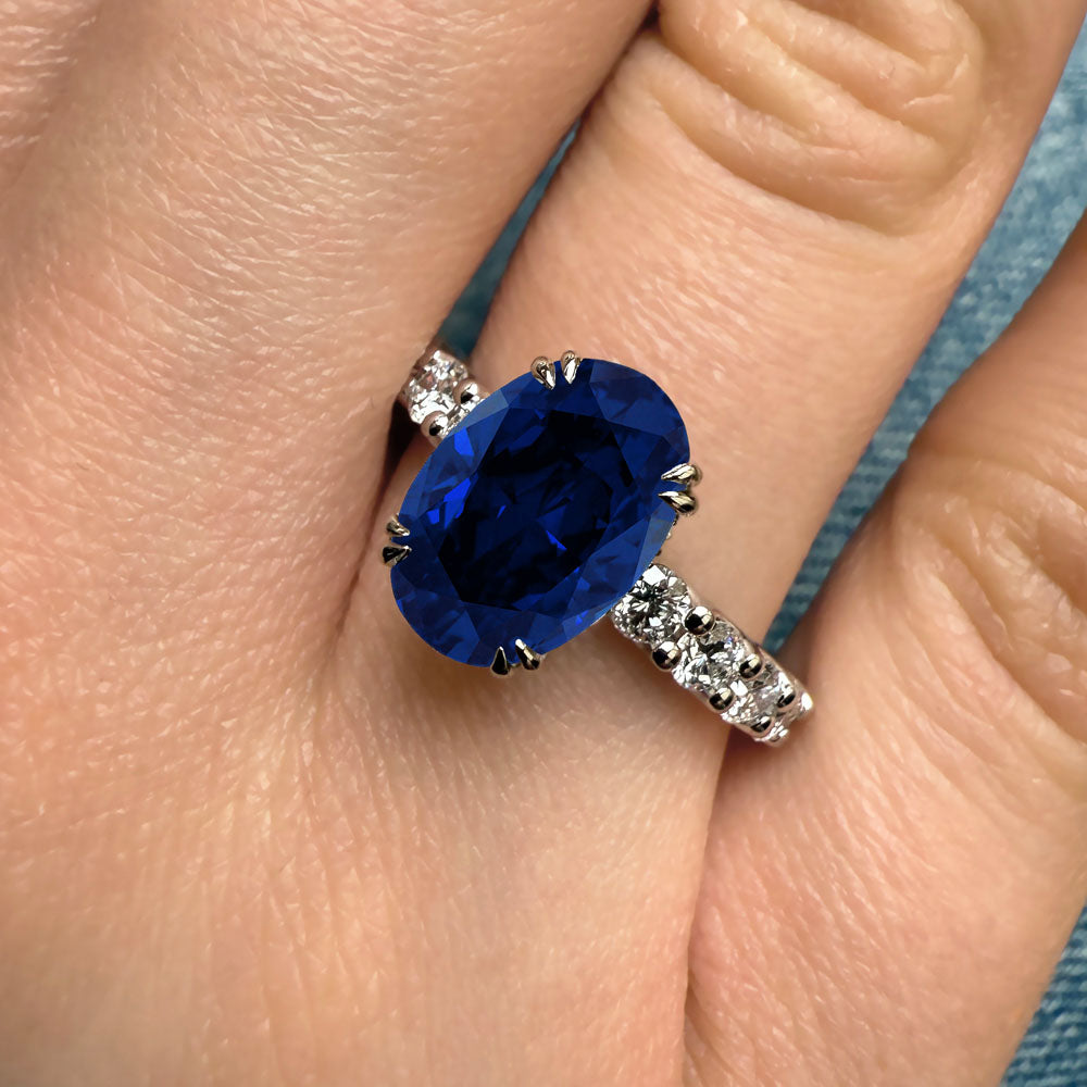 Oval Cut Shared Prong Blue Sapphire Engagement Ring