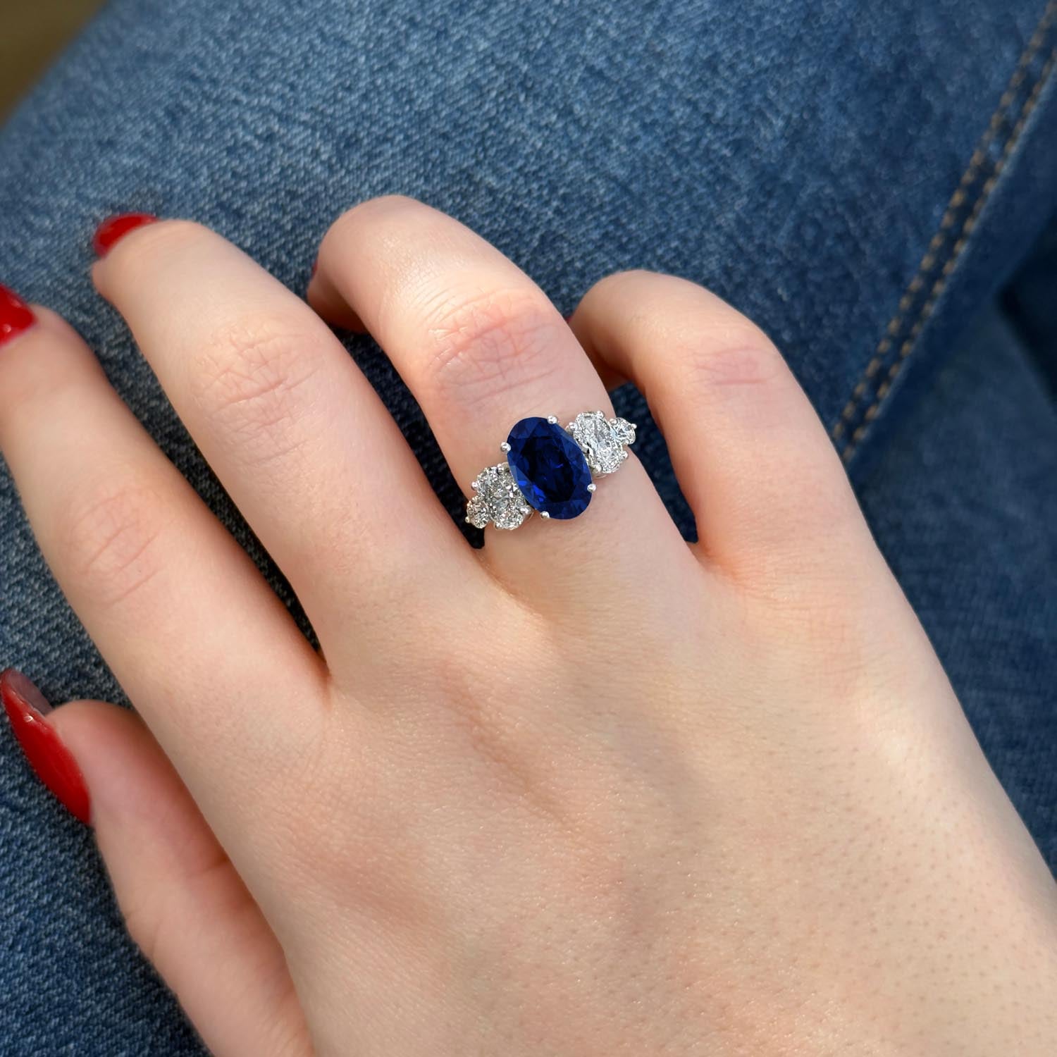 Oval Cut Five Stone Blue Sapphire Engagement Ring