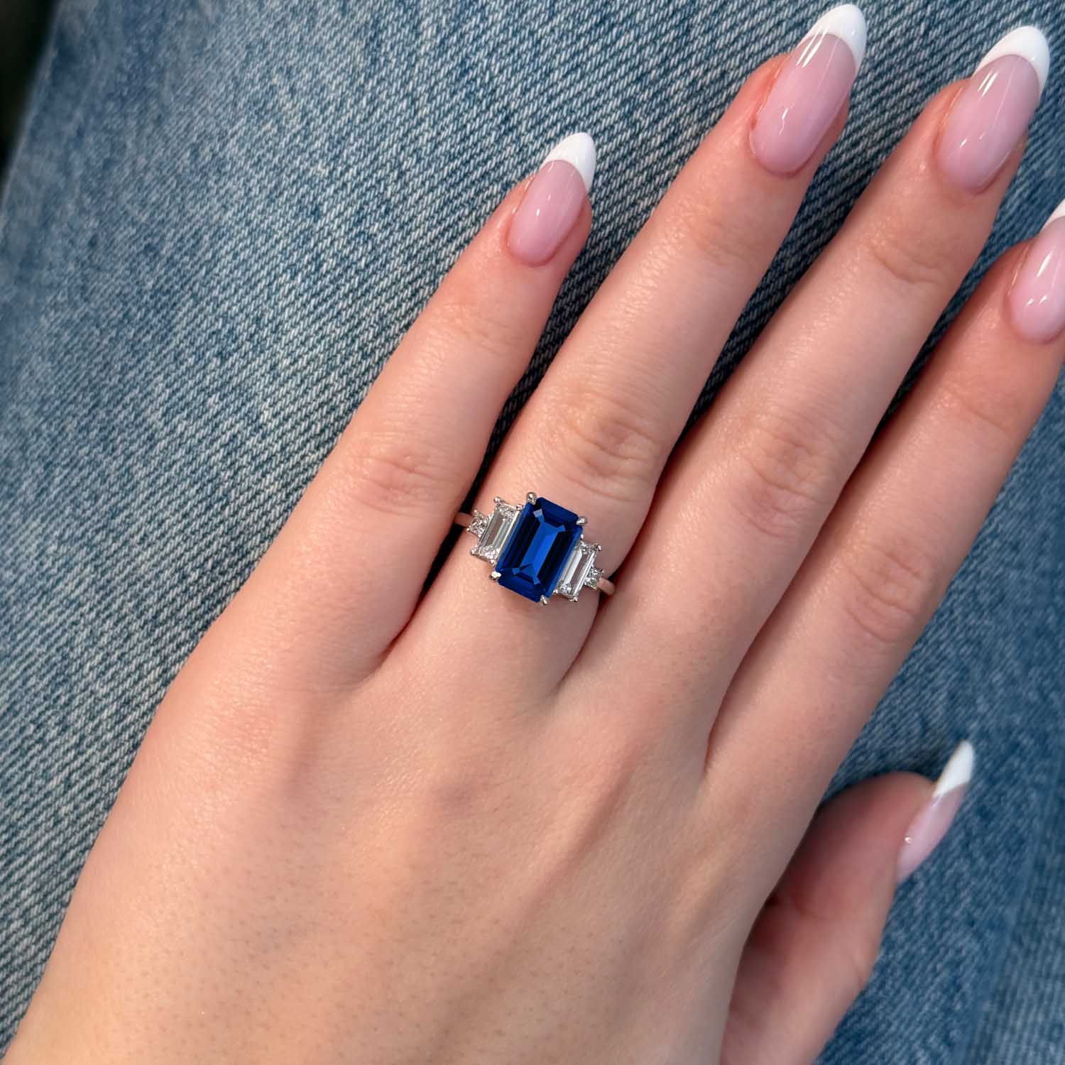 Emerald Cut Three Stone Blue Sapphire Engagement Ring