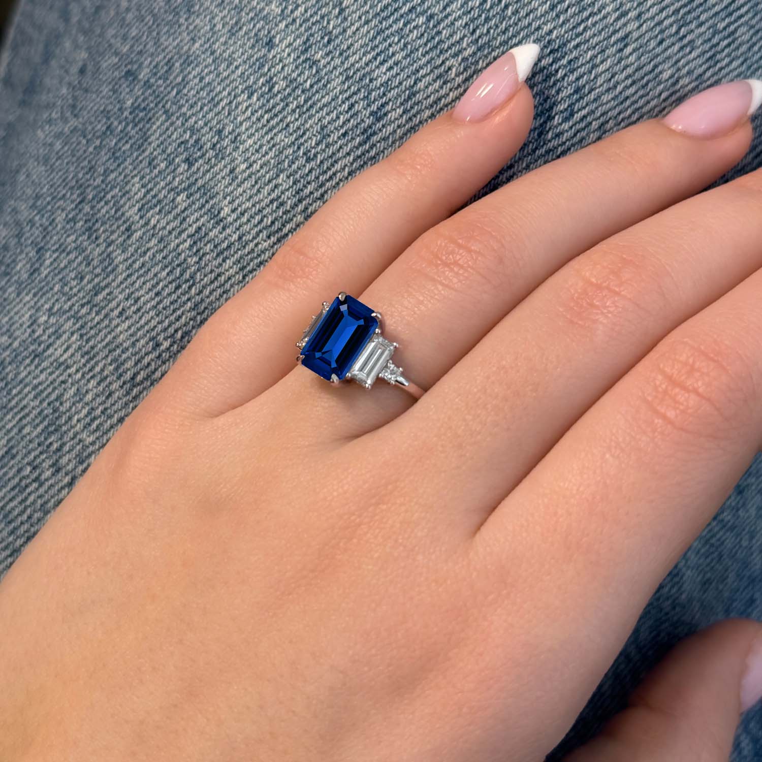 Emerald Cut Three Stone Blue Sapphire Engagement Ring