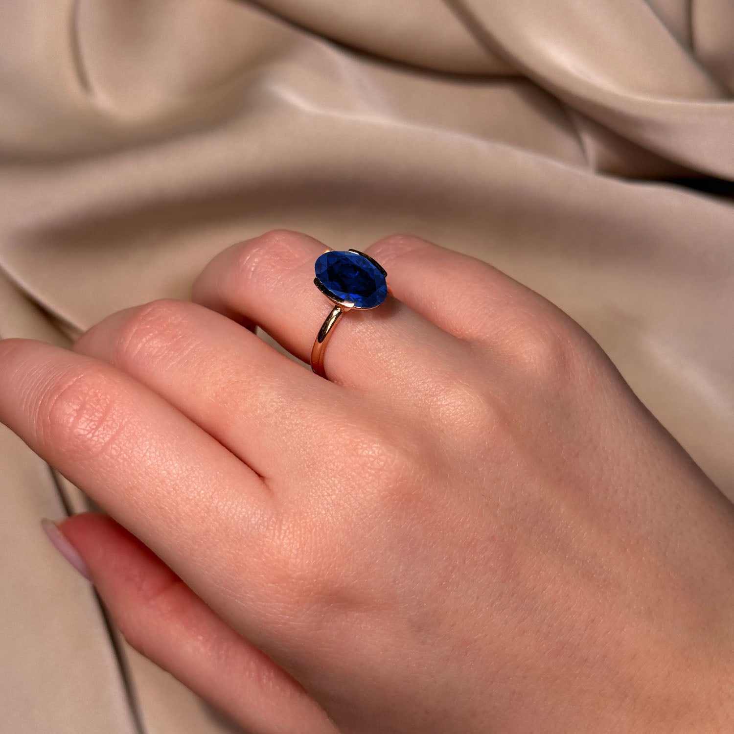 Oval Cut Half Bezel Blue Sapphire Engagement Ring
