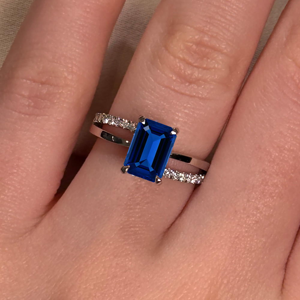 Emerald Cut Split Shank Blue Sapphire Engagement Ring