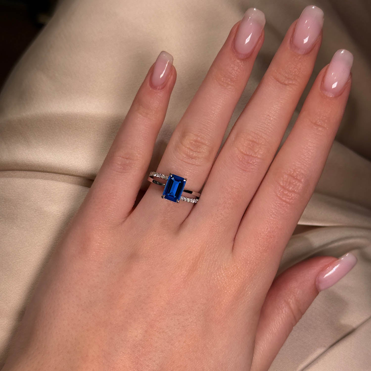 Emerald Cut Split Shank Blue Sapphire Engagement Ring