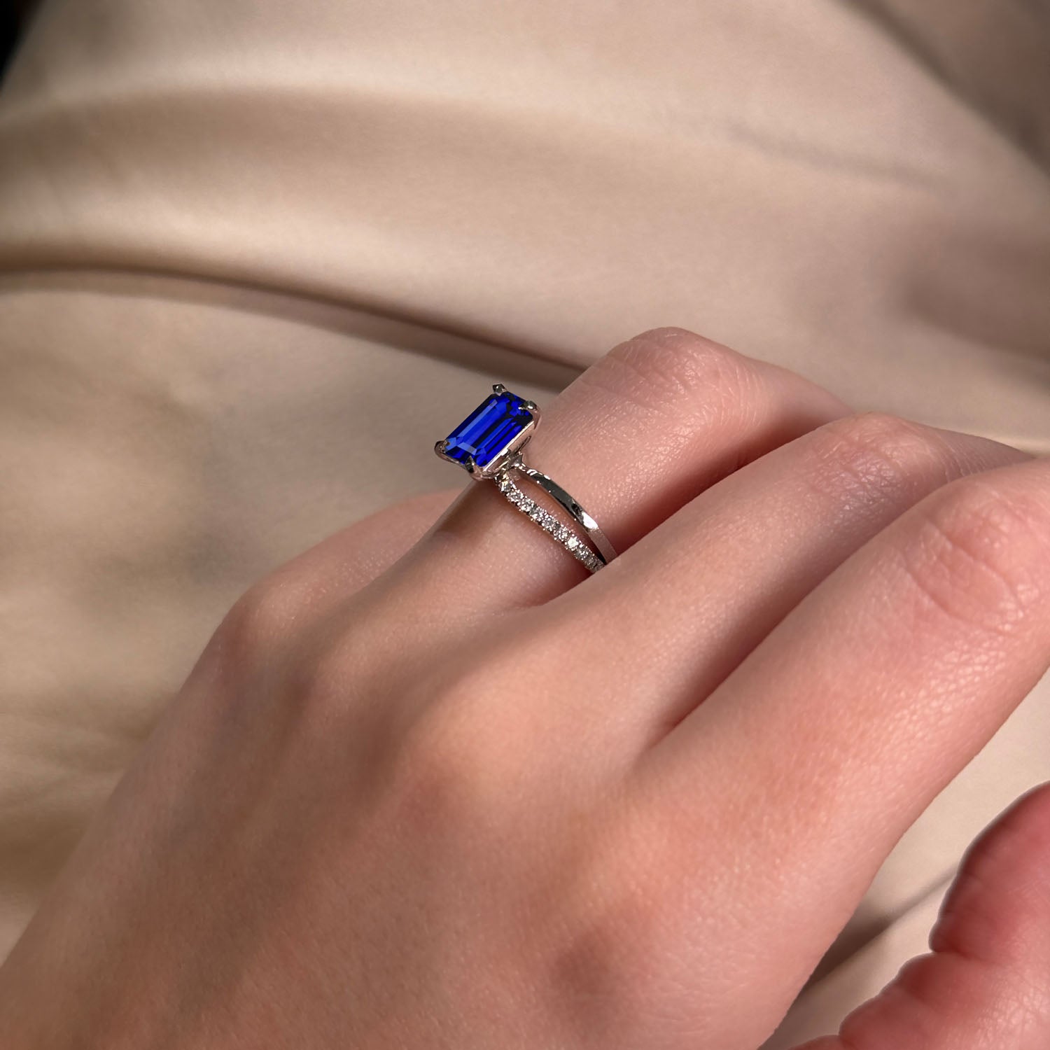 Emerald Cut Split Shank Blue Sapphire Engagement Ring