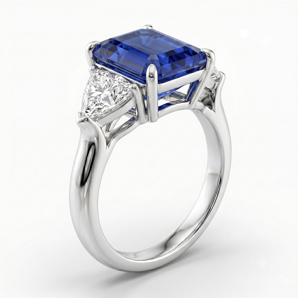 Emerald Cut Three Stone Blue Sapphire Engagement Ring