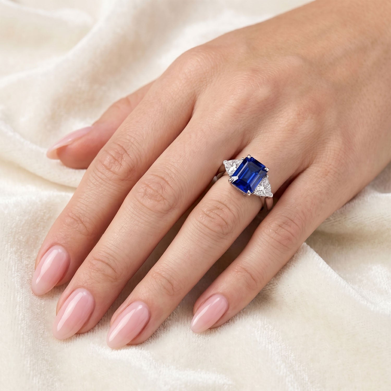 Emerald Cut Three Stone Blue Sapphire Engagement Ring