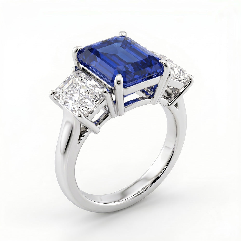 Emerald Cut Three Stone Blue Sapphire Engagement Ring