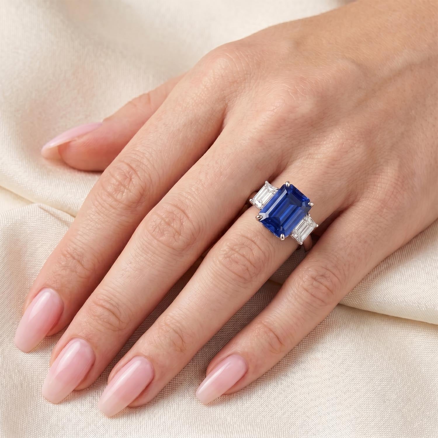 Emerald Cut Three Stone Blue Sapphire Engagement Ring