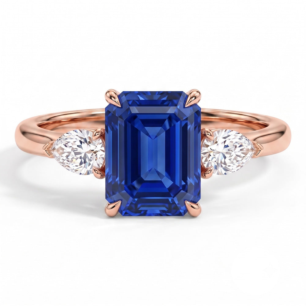 Emerald Cut Three Stone Blue Sapphire Engagement Ring
