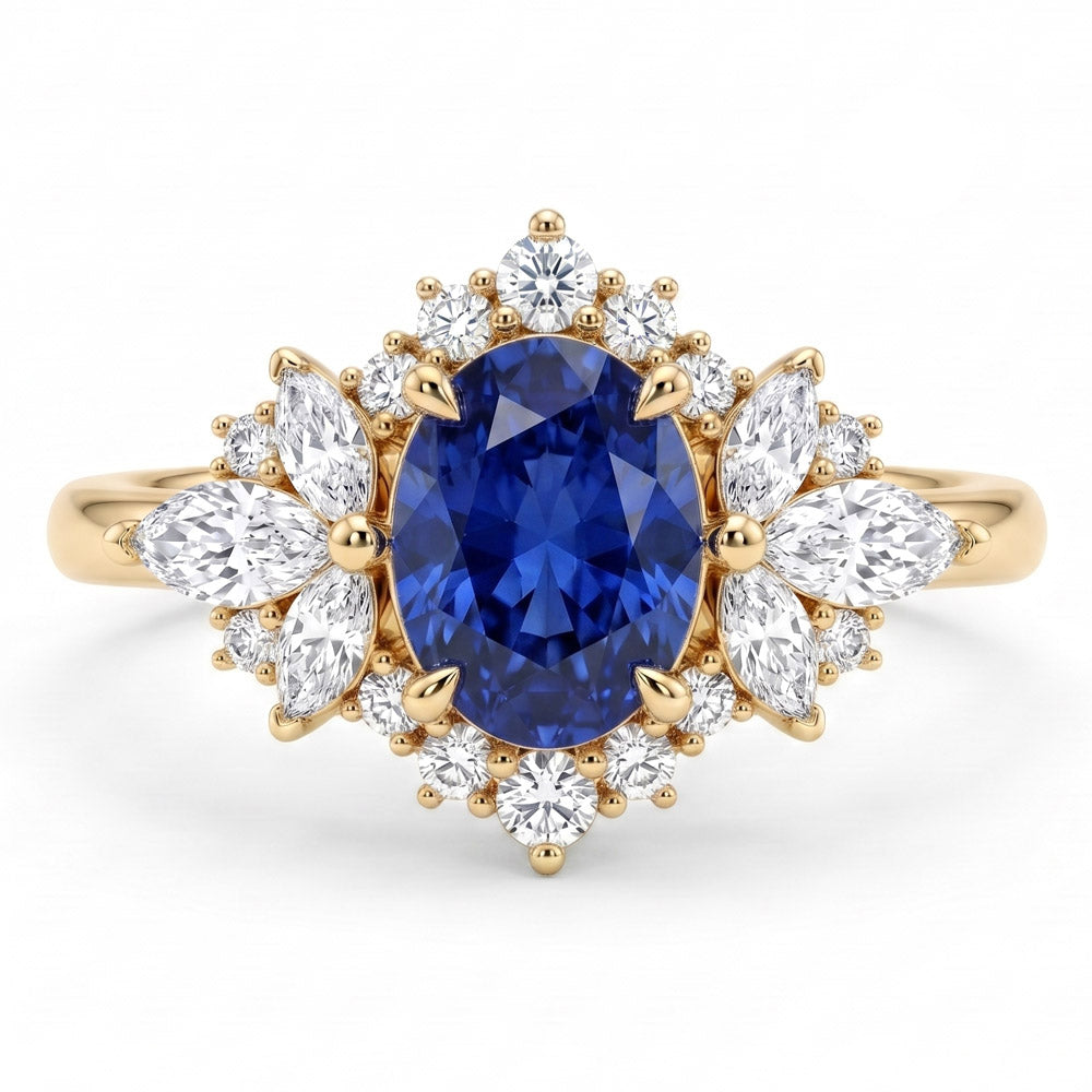 Oval Cut Vintage Halo Blue Sapphire Engagement Ring