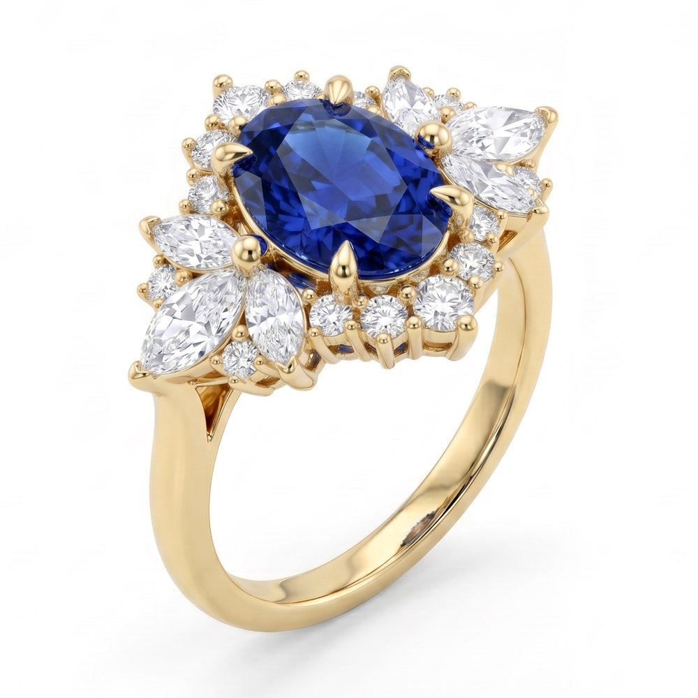 Oval Cut Vintage Halo Blue Sapphire Engagement Ring