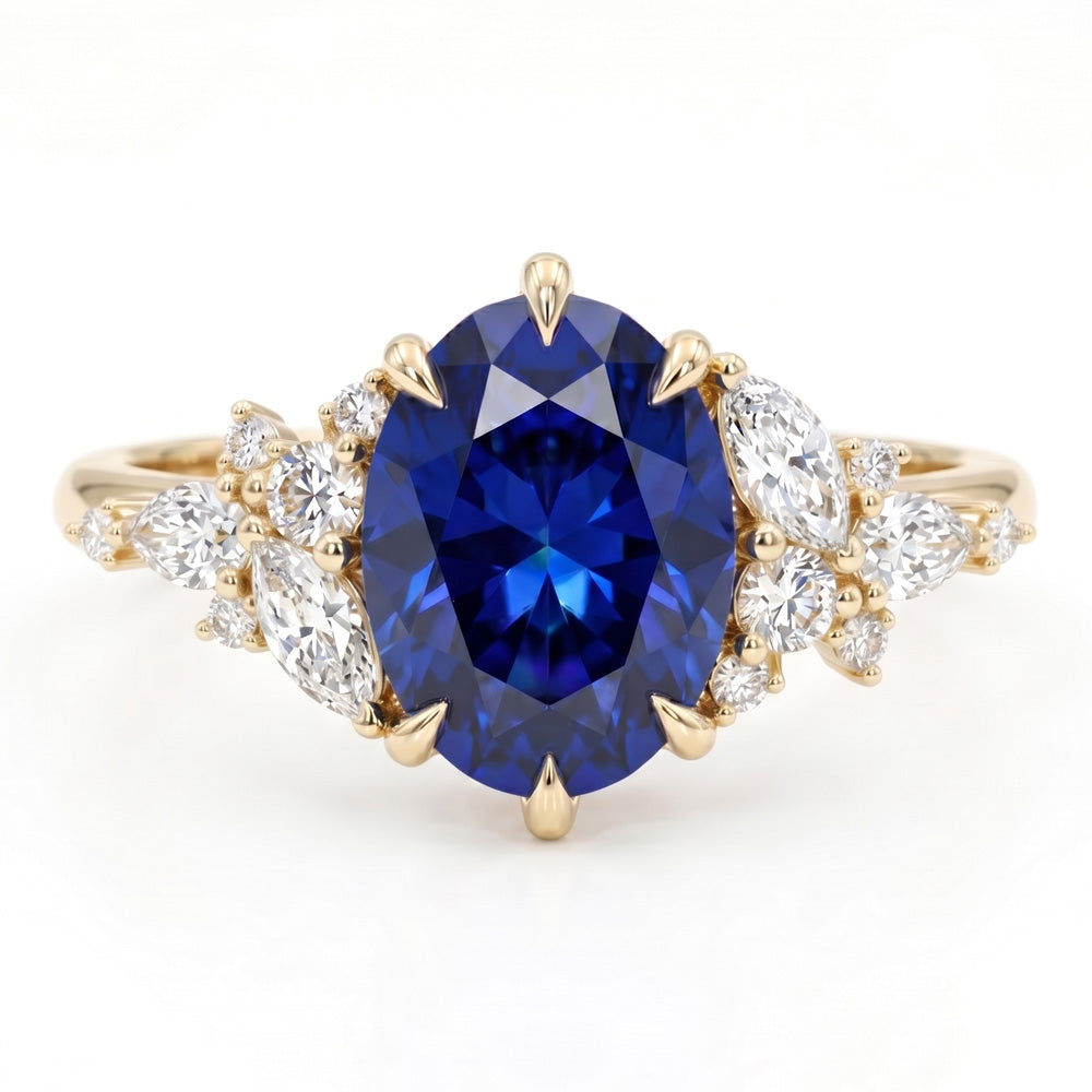 Oval Cut Cluster Blue Sapphire Engagement Ring