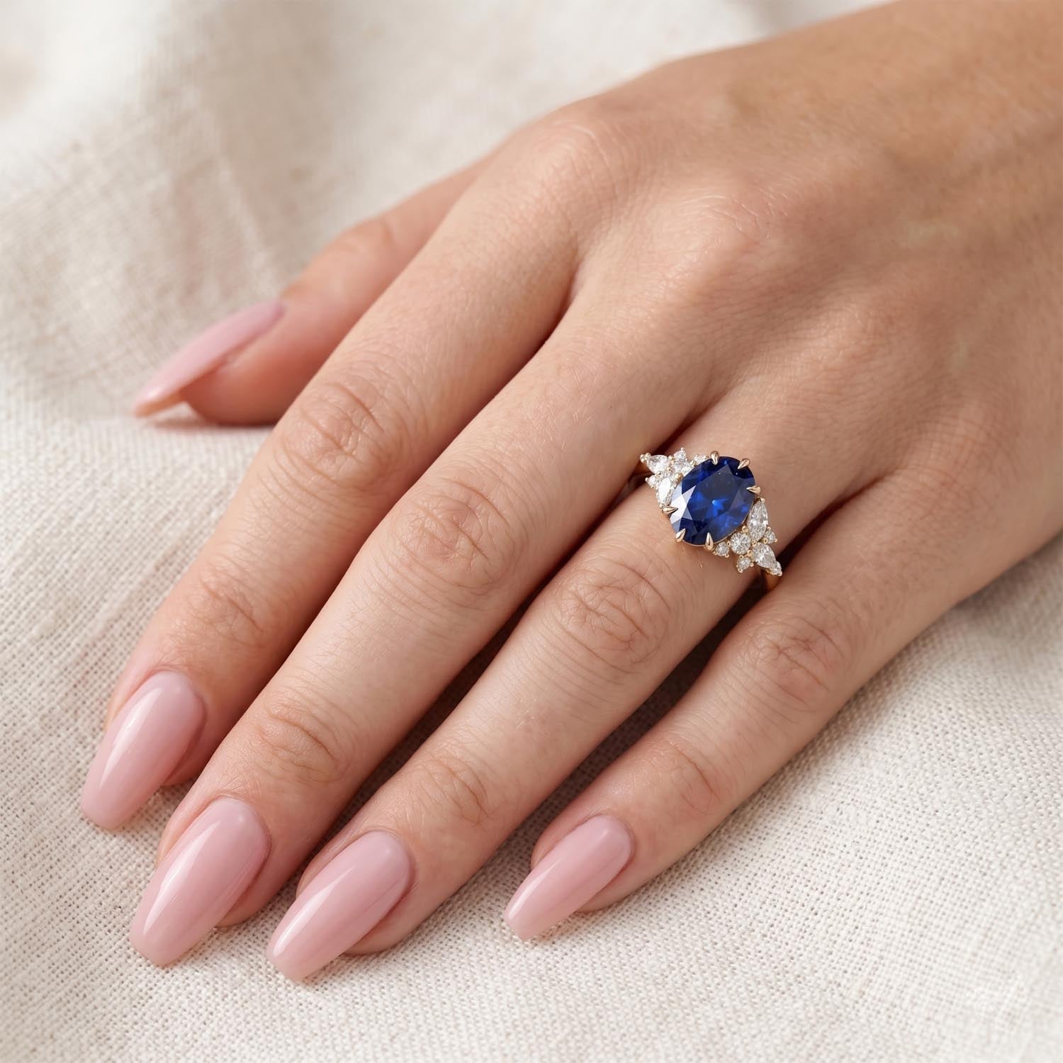 Oval Cut Cluster Blue Sapphire Engagement Ring