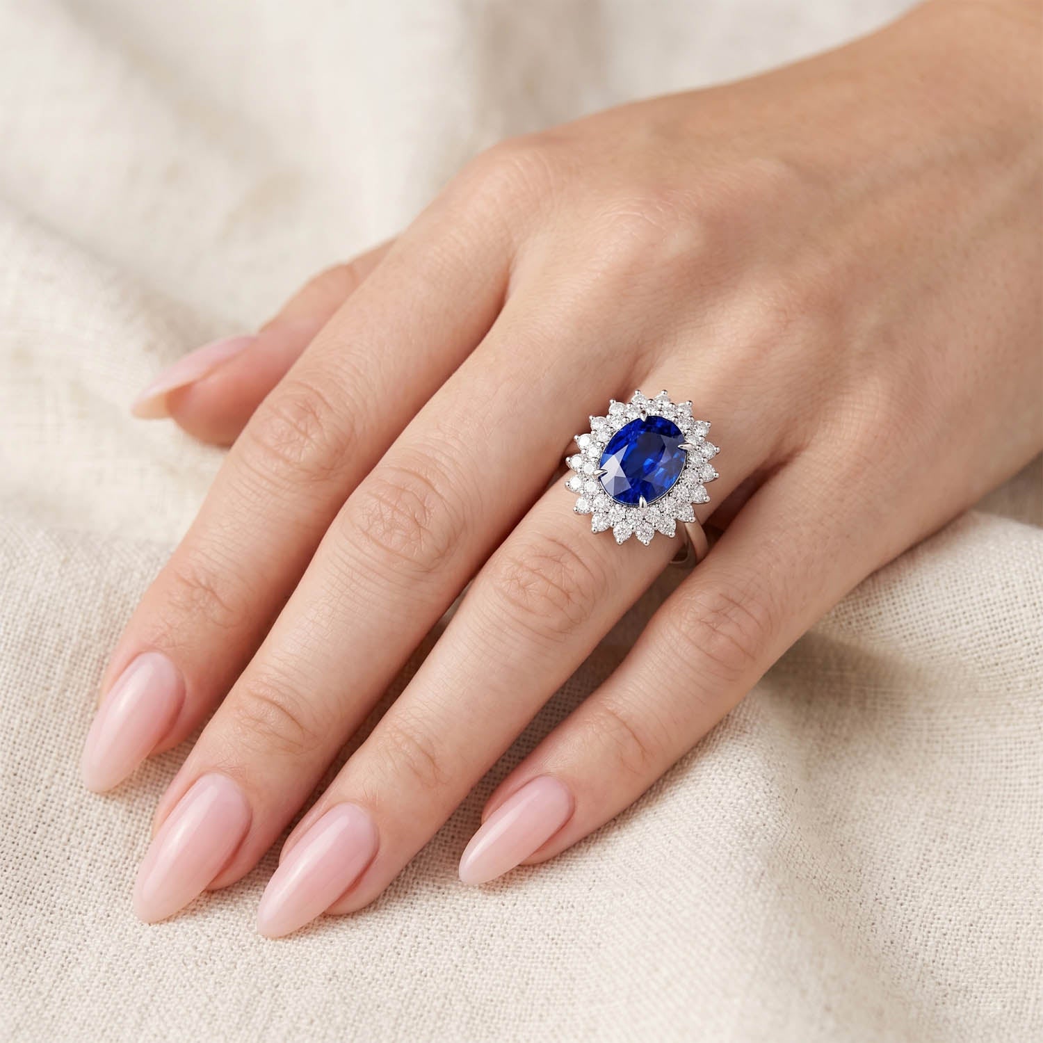 Oval Cut Halo Blue Sapphire Engagement Ring