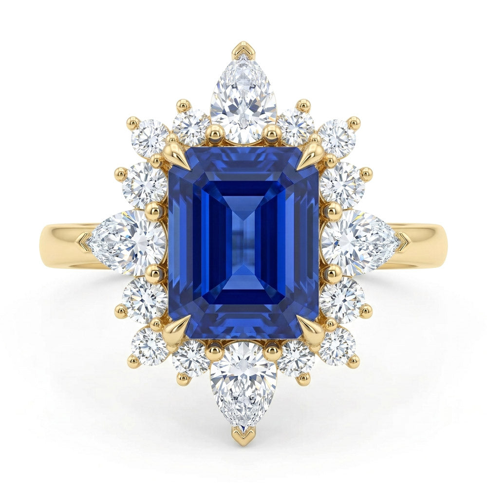 Emerald Cut Halo Blue Sapphire Engagement Ring